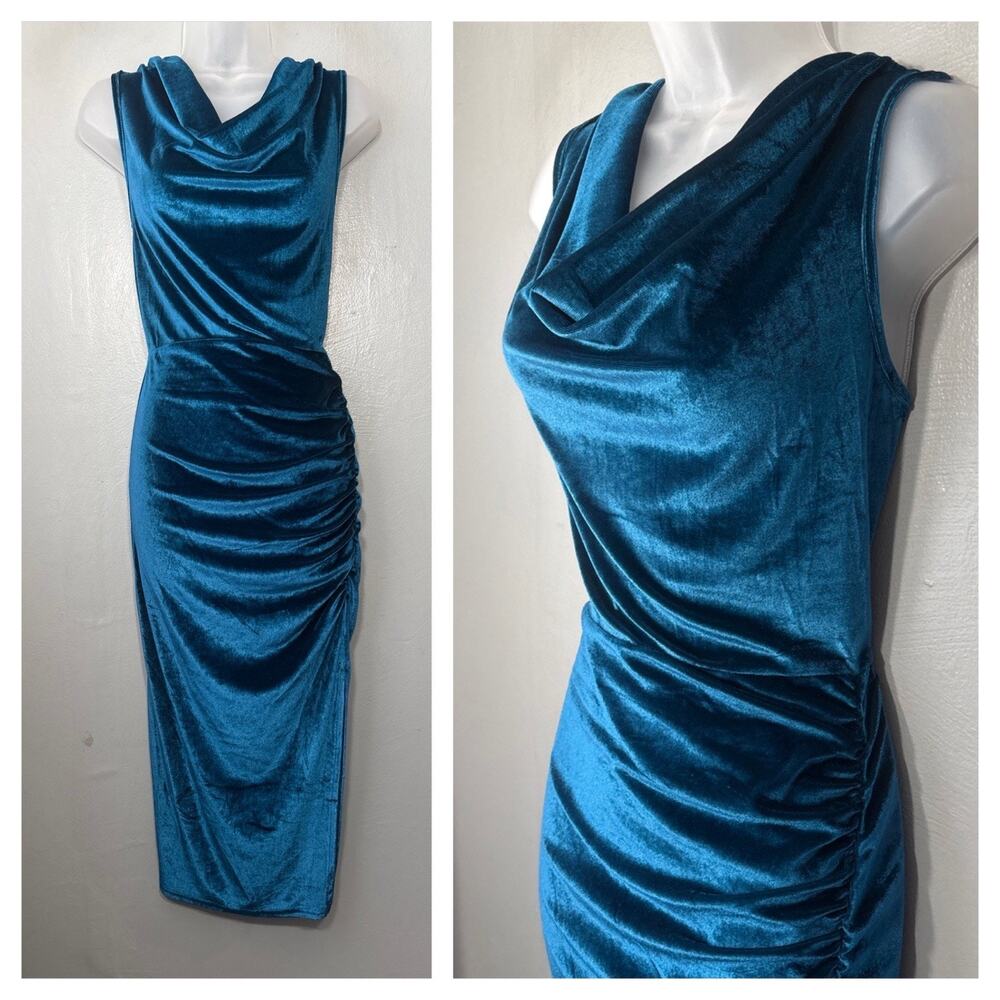 Zaful Velvet Midi Dress Size 6 Blue Ruched Party Fairy Whimsigoth Wedding Guest